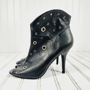 BCBGeneration Black Leather Peep Toe High Heel Ankle Boots Silver Gromm K311